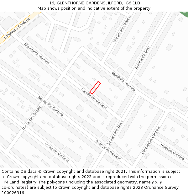 16, GLENTHORNE GARDENS, ILFORD, IG6 1LB: Location map and indicative extent of plot