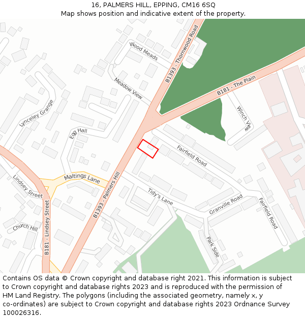 16, PALMERS HILL, EPPING, CM16 6SQ: Location map and indicative extent of plot