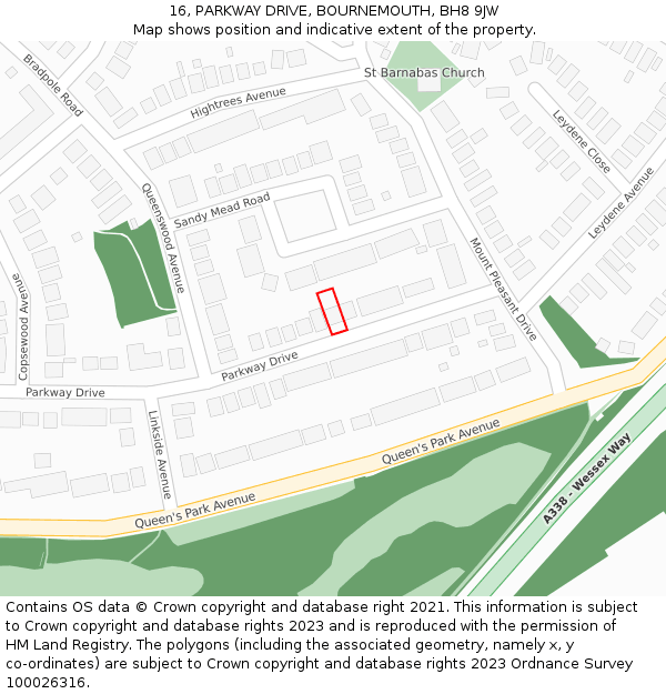 16, PARKWAY DRIVE, BOURNEMOUTH, BH8 9JW: Location map and indicative extent of plot