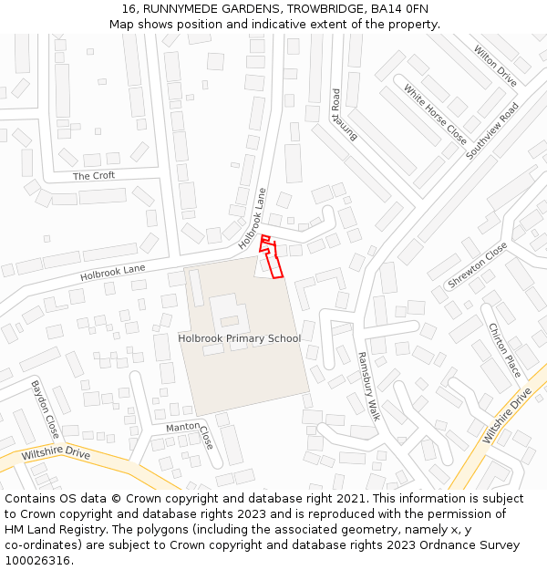 16, RUNNYMEDE GARDENS, TROWBRIDGE, BA14 0FN: Location map and indicative extent of plot