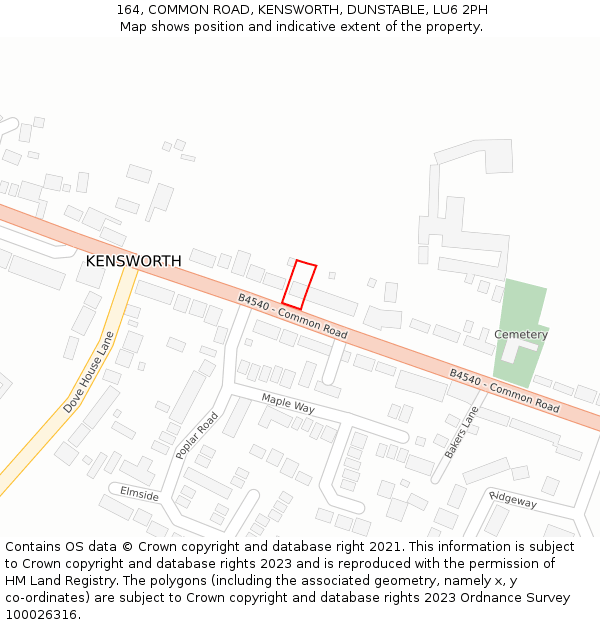 164, COMMON ROAD, KENSWORTH, DUNSTABLE, LU6 2PH: Location map and indicative extent of plot