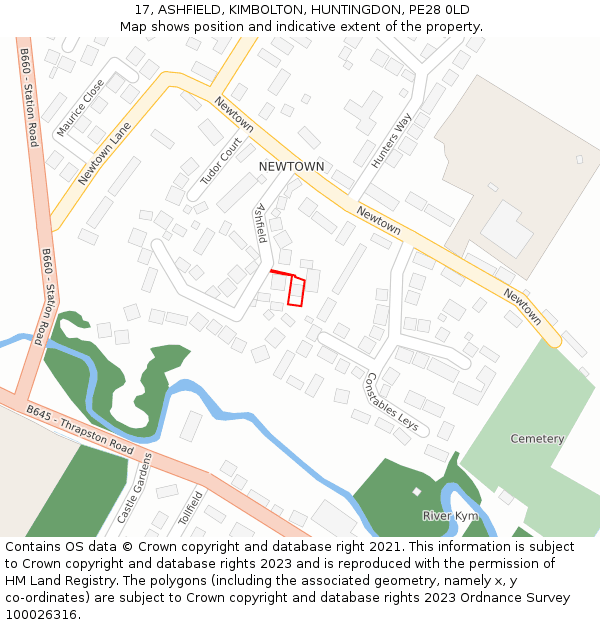 17, ASHFIELD, KIMBOLTON, HUNTINGDON, PE28 0LD: Location map and indicative extent of plot