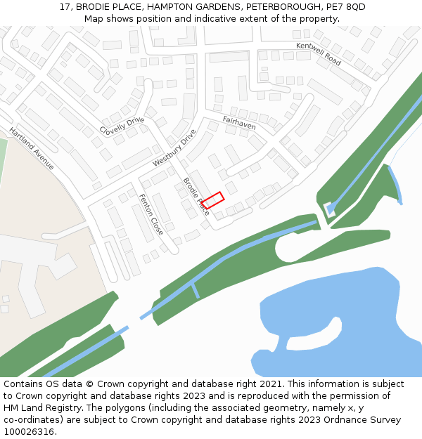 17, BRODIE PLACE, HAMPTON GARDENS, PETERBOROUGH, PE7 8QD: Location map and indicative extent of plot