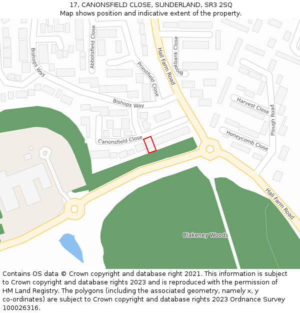 17, CANONSFIELD CLOSE, SUNDERLAND, SR3 2SQ: Location map and indicative extent of plot