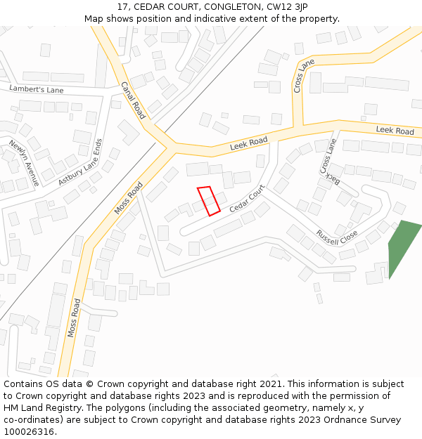 17, CEDAR COURT, CONGLETON, CW12 3JP: Location map and indicative extent of plot