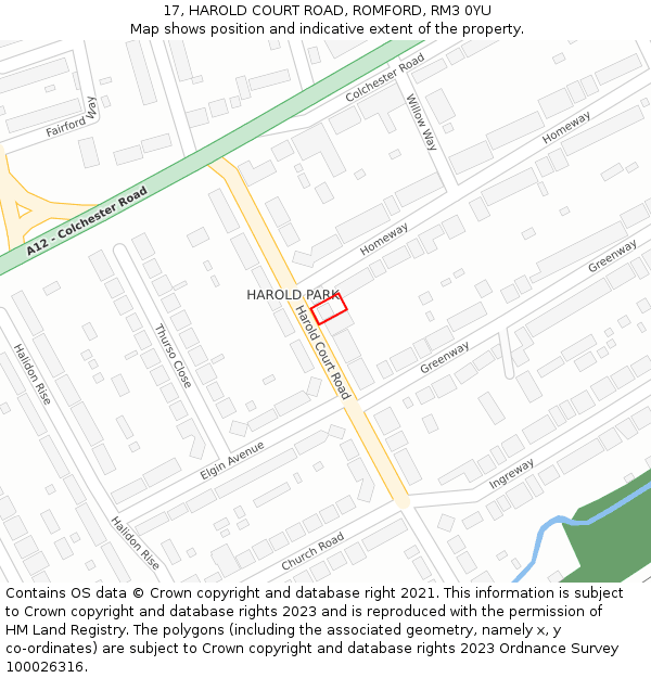 17, HAROLD COURT ROAD, ROMFORD, RM3 0YU: Location map and indicative extent of plot