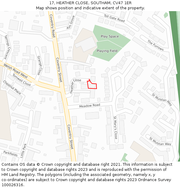 17, HEATHER CLOSE, SOUTHAM, CV47 1ER: Location map and indicative extent of plot