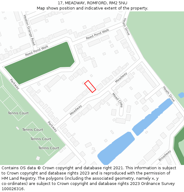 17, MEADWAY, ROMFORD, RM2 5NU: Location map and indicative extent of plot