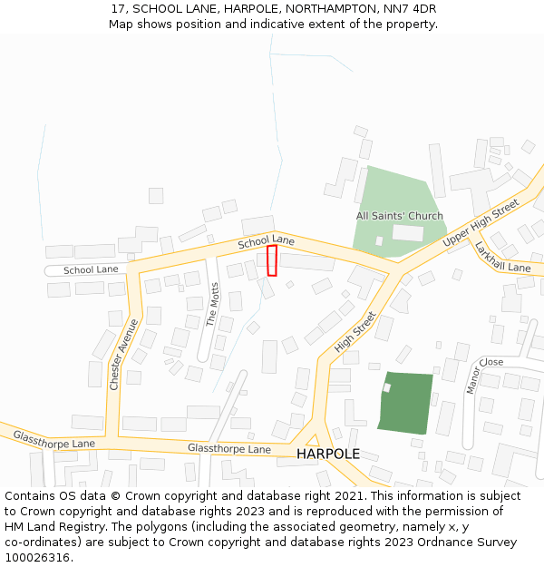 17, SCHOOL LANE, HARPOLE, NORTHAMPTON, NN7 4DR: Location map and indicative extent of plot