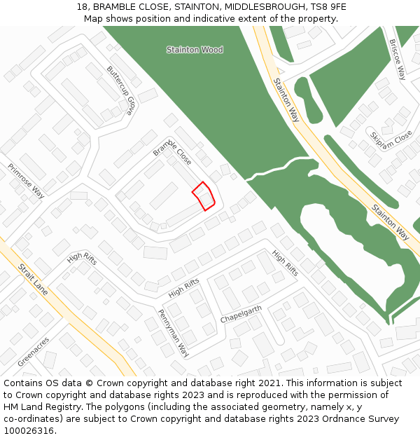 18, BRAMBLE CLOSE, STAINTON, MIDDLESBROUGH, TS8 9FE: Location map and indicative extent of plot