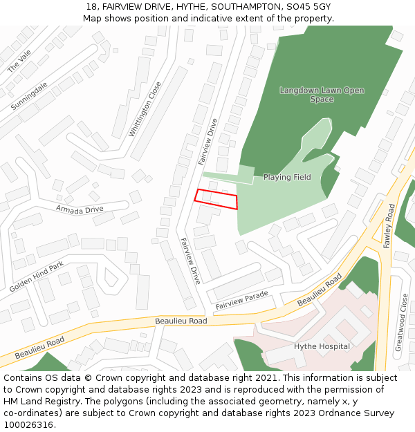 18, FAIRVIEW DRIVE, HYTHE, SOUTHAMPTON, SO45 5GY: Location map and indicative extent of plot