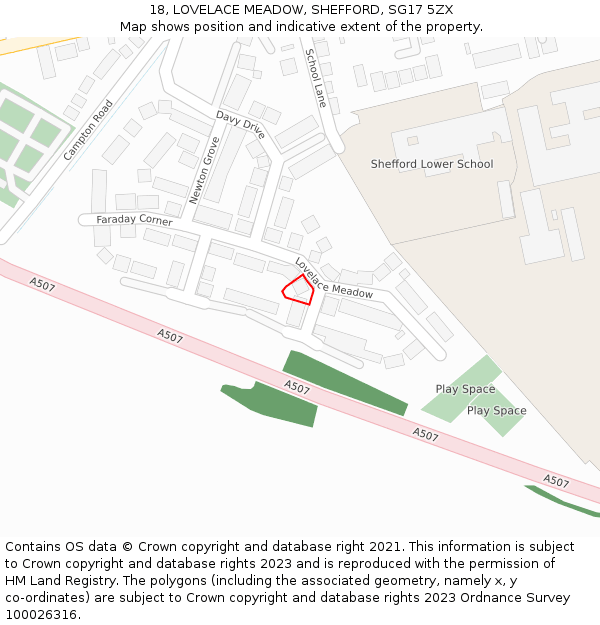 18, LOVELACE MEADOW, SHEFFORD, SG17 5ZX: Location map and indicative extent of plot