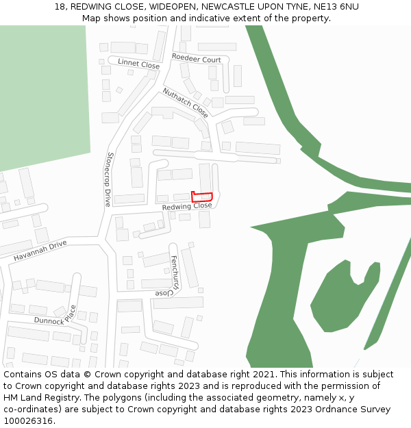 18, REDWING CLOSE, WIDEOPEN, NEWCASTLE UPON TYNE, NE13 6NU: Location map and indicative extent of plot