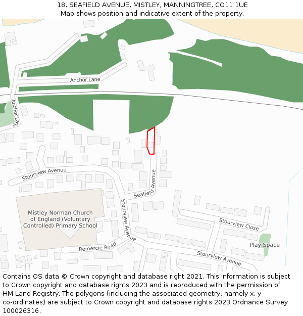 18, SEAFIELD AVENUE, MISTLEY, MANNINGTREE, CO11 1UE: Location map and indicative extent of plot