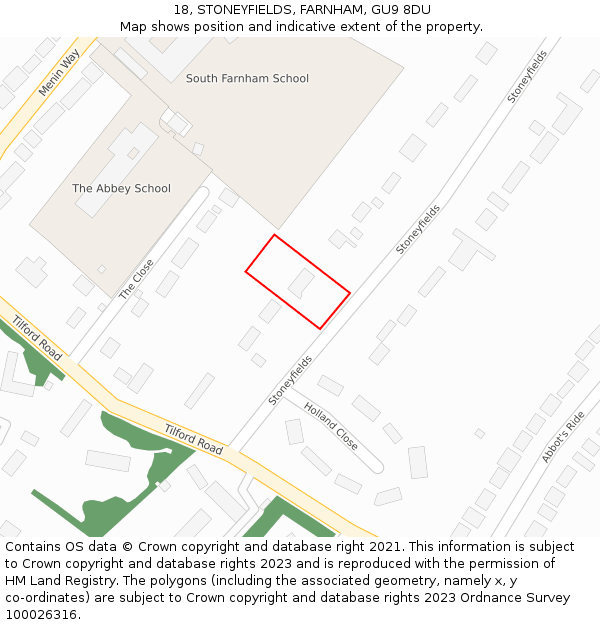 18, STONEYFIELDS, FARNHAM, GU9 8DU: Location map and indicative extent of plot