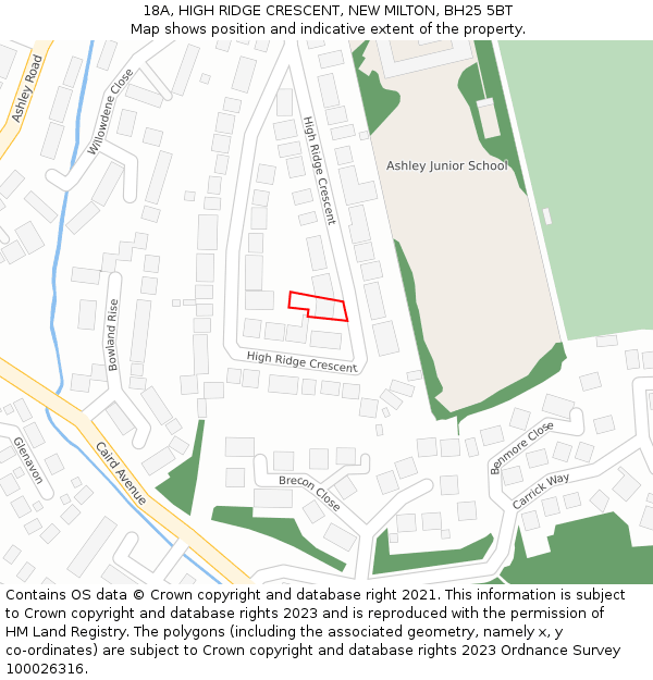 18A, HIGH RIDGE CRESCENT, NEW MILTON, BH25 5BT: Location map and indicative extent of plot