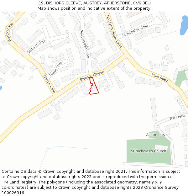 19, BISHOPS CLEEVE, AUSTREY, ATHERSTONE, CV9 3EU: Location map and indicative extent of plot