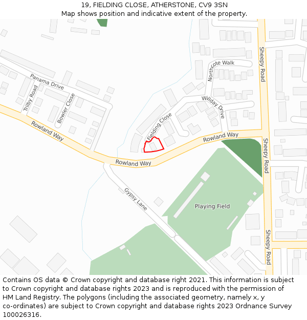 19, FIELDING CLOSE, ATHERSTONE, CV9 3SN: Location map and indicative extent of plot