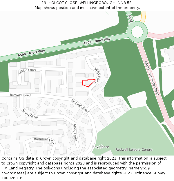 19, HOLCOT CLOSE, WELLINGBOROUGH, NN8 5FL: Location map and indicative extent of plot