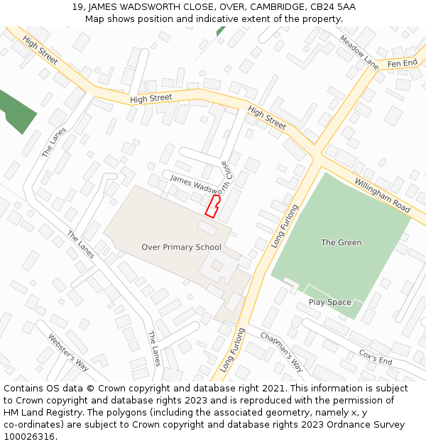 19, JAMES WADSWORTH CLOSE, OVER, CAMBRIDGE, CB24 5AA: Location map and indicative extent of plot