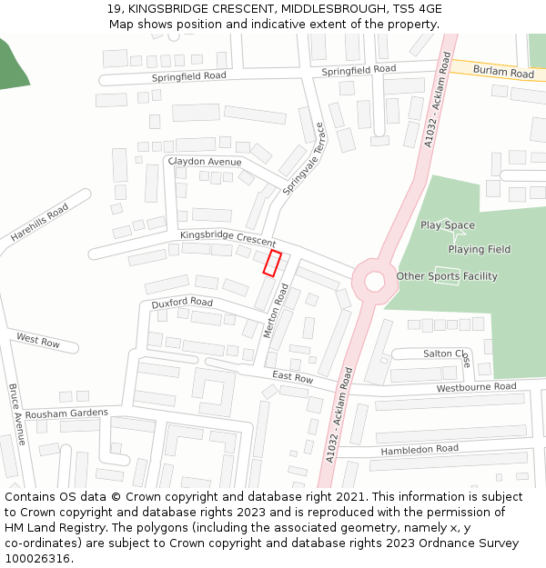 19, KINGSBRIDGE CRESCENT, MIDDLESBROUGH, TS5 4GE: Location map and indicative extent of plot