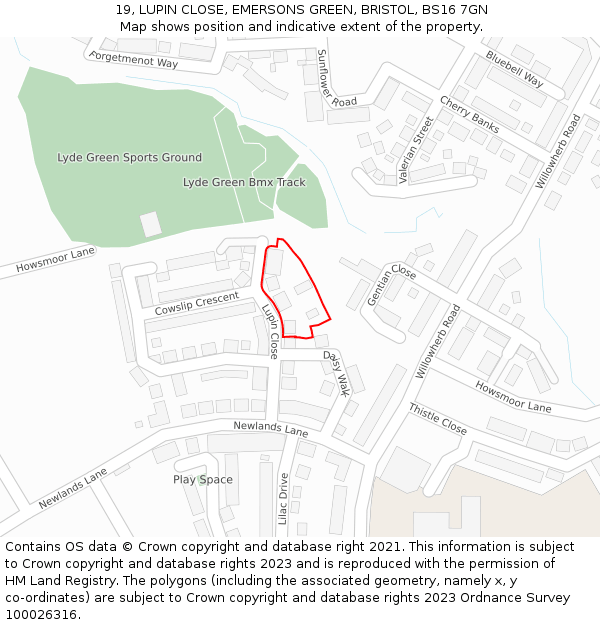 19, LUPIN CLOSE, EMERSONS GREEN, BRISTOL, BS16 7GN: Location map and indicative extent of plot