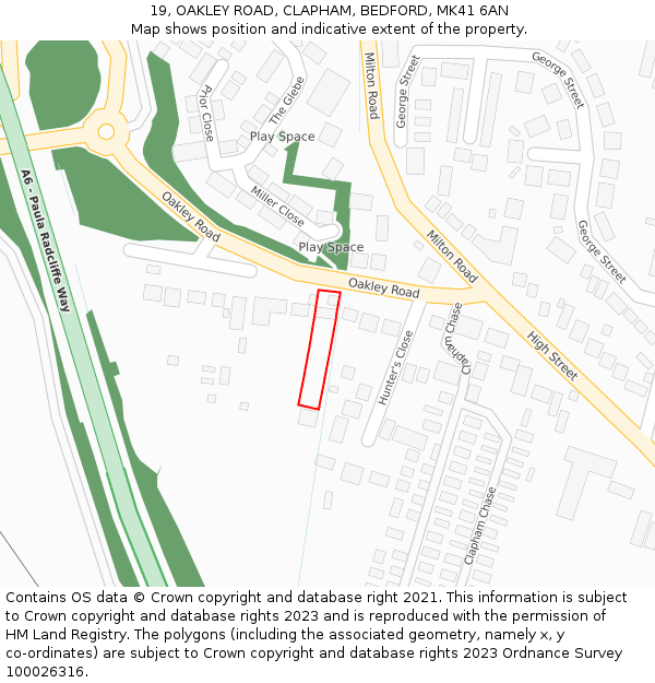 19, OAKLEY ROAD, CLAPHAM, BEDFORD, MK41 6AN: Location map and indicative extent of plot