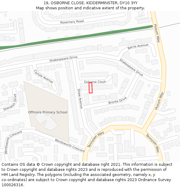 19, OSBORNE CLOSE, KIDDERMINSTER, DY10 3YY: Location map and indicative extent of plot