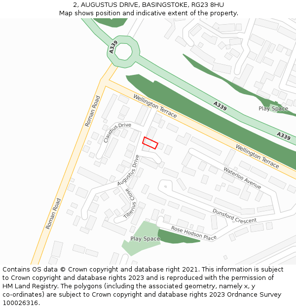 2, AUGUSTUS DRIVE, BASINGSTOKE, RG23 8HU: Location map and indicative extent of plot