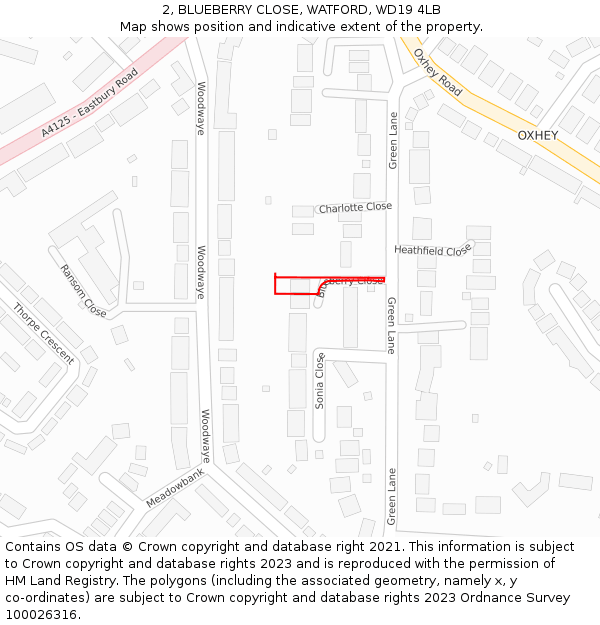 2, BLUEBERRY CLOSE, WATFORD, WD19 4LB: Location map and indicative extent of plot