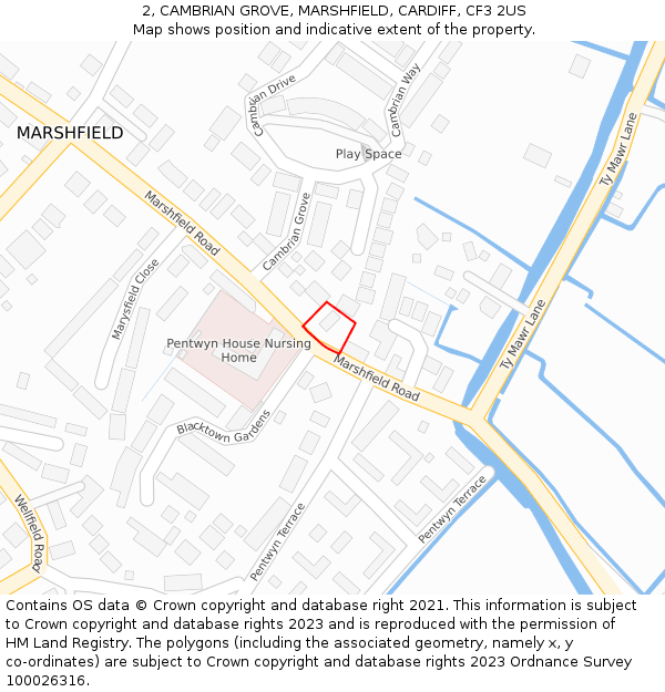 2, CAMBRIAN GROVE, MARSHFIELD, CARDIFF, CF3 2US: Location map and indicative extent of plot