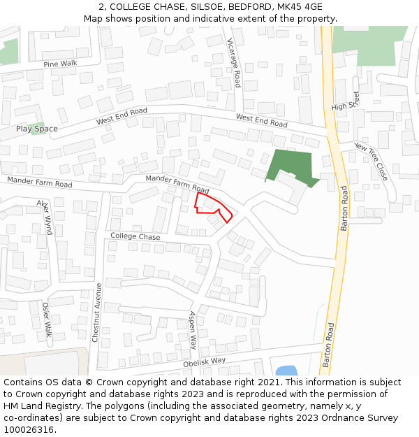 2, COLLEGE CHASE, SILSOE, BEDFORD, MK45 4GE: Location map and indicative extent of plot