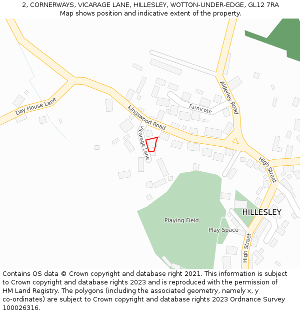 2, CORNERWAYS, VICARAGE LANE, HILLESLEY, WOTTON-UNDER-EDGE, GL12 7RA: Location map and indicative extent of plot