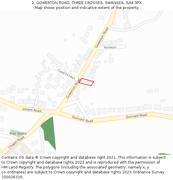 2, GOWERTON ROAD, THREE CROSSES, SWANSEA, SA4 3PX: Location map and indicative extent of plot