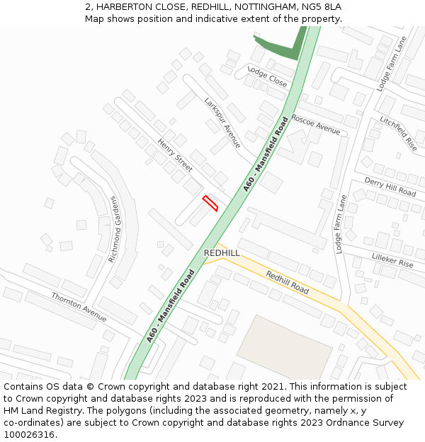 2, HARBERTON CLOSE, REDHILL, NOTTINGHAM, NG5 8LA: Location map and indicative extent of plot