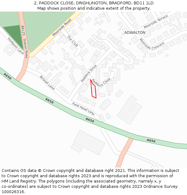 2, PADDOCK CLOSE, DRIGHLINGTON, BRADFORD, BD11 1LD: Location map and indicative extent of plot