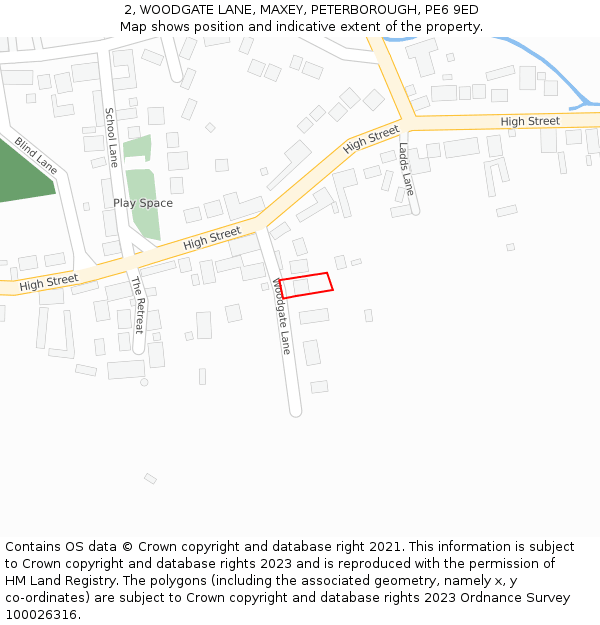 2, WOODGATE LANE, MAXEY, PETERBOROUGH, PE6 9ED: Location map and indicative extent of plot