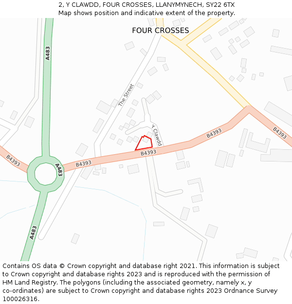 2, Y CLAWDD, FOUR CROSSES, LLANYMYNECH, SY22 6TX: Location map and indicative extent of plot