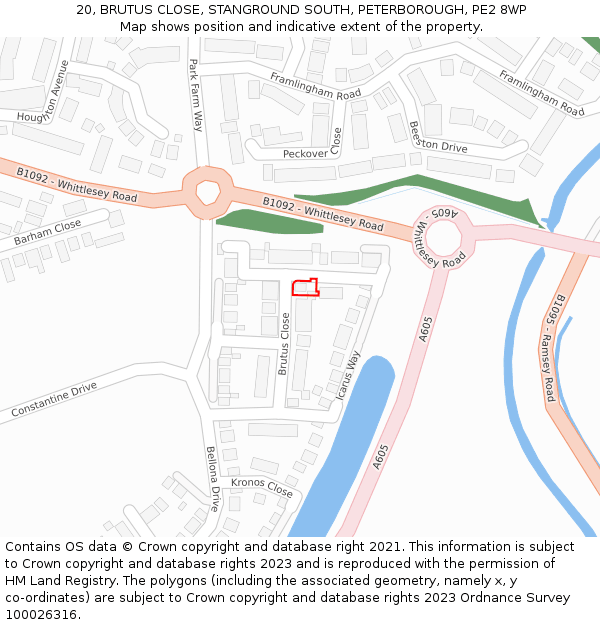 20, BRUTUS CLOSE, STANGROUND SOUTH, PETERBOROUGH, PE2 8WP: Location map and indicative extent of plot