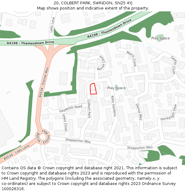 20, COLBERT PARK, SWINDON, SN25 4YJ: Location map and indicative extent of plot