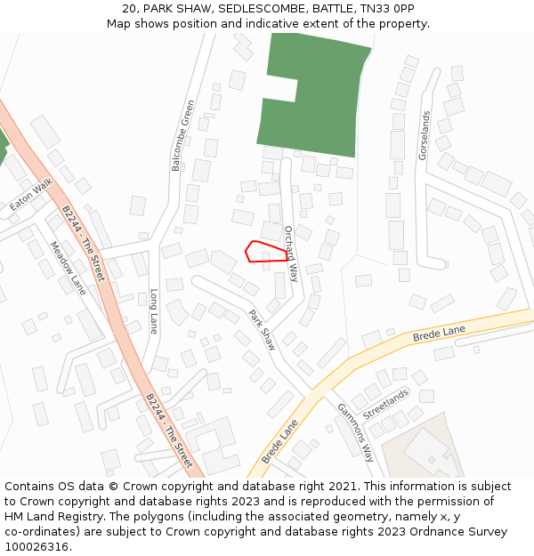 20, PARK SHAW, SEDLESCOMBE, BATTLE, TN33 0PP: Location map and indicative extent of plot