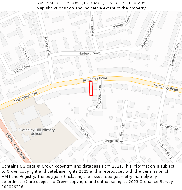 209, SKETCHLEY ROAD, BURBAGE, HINCKLEY, LE10 2DY: Location map and indicative extent of plot