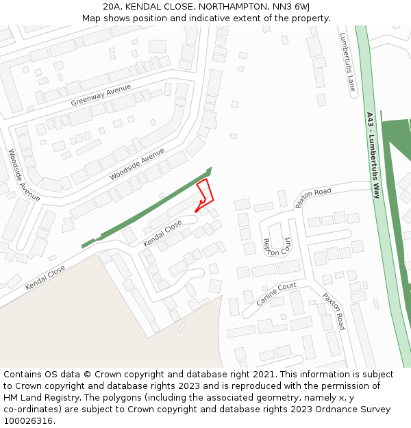 20A, KENDAL CLOSE, NORTHAMPTON, NN3 6WJ: Location map and indicative extent of plot