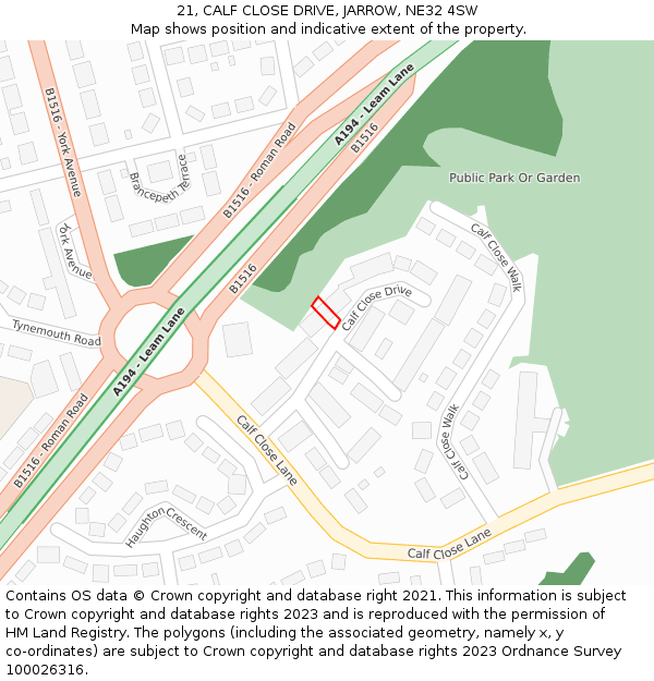 21, CALF CLOSE DRIVE, JARROW, NE32 4SW: Location map and indicative extent of plot