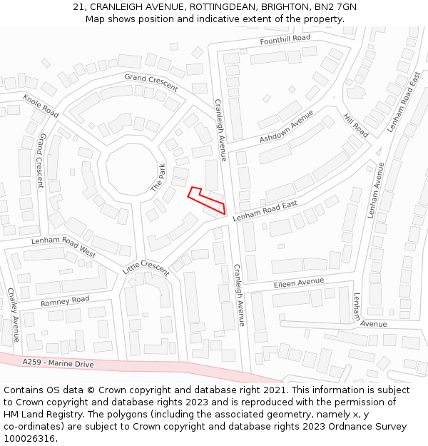 21, CRANLEIGH AVENUE, ROTTINGDEAN, BRIGHTON, BN2 7GN: Location map and indicative extent of plot