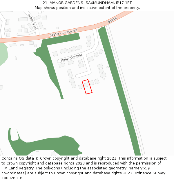 21, MANOR GARDENS, SAXMUNDHAM, IP17 1ET: Location map and indicative extent of plot