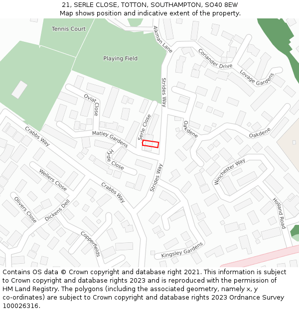 21, SERLE CLOSE, TOTTON, SOUTHAMPTON, SO40 8EW: Location map and indicative extent of plot