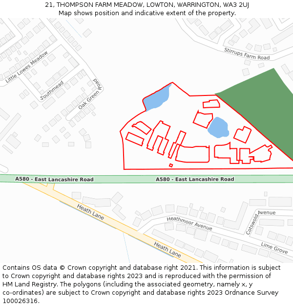 21, THOMPSON FARM MEADOW, LOWTON, WARRINGTON, WA3 2UJ: Location map and indicative extent of plot