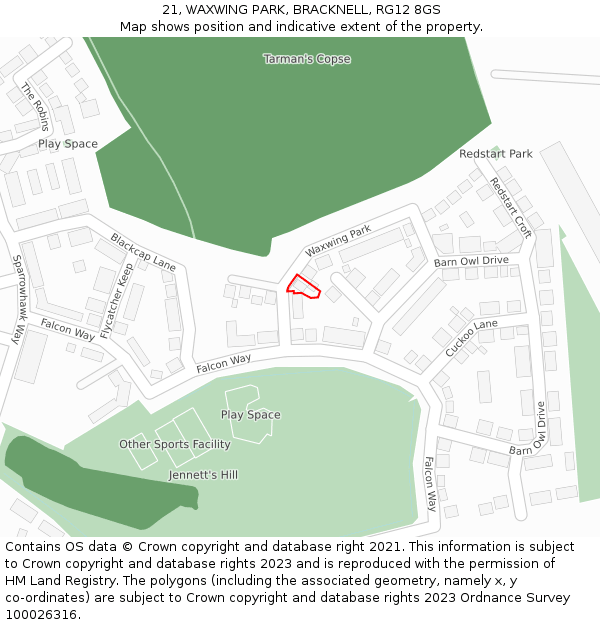 21, WAXWING PARK, BRACKNELL, RG12 8GS: Location map and indicative extent of plot