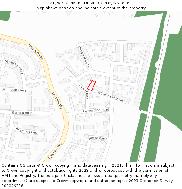 21, WINDERMERE DRIVE, CORBY, NN18 8ST: Location map and indicative extent of plot